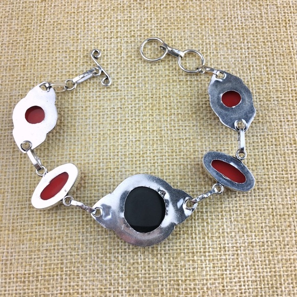 New Pink Dichroic Iridescent Triplet Opal & Coral Silver Overlay Bracelet - Picture 7 of 8